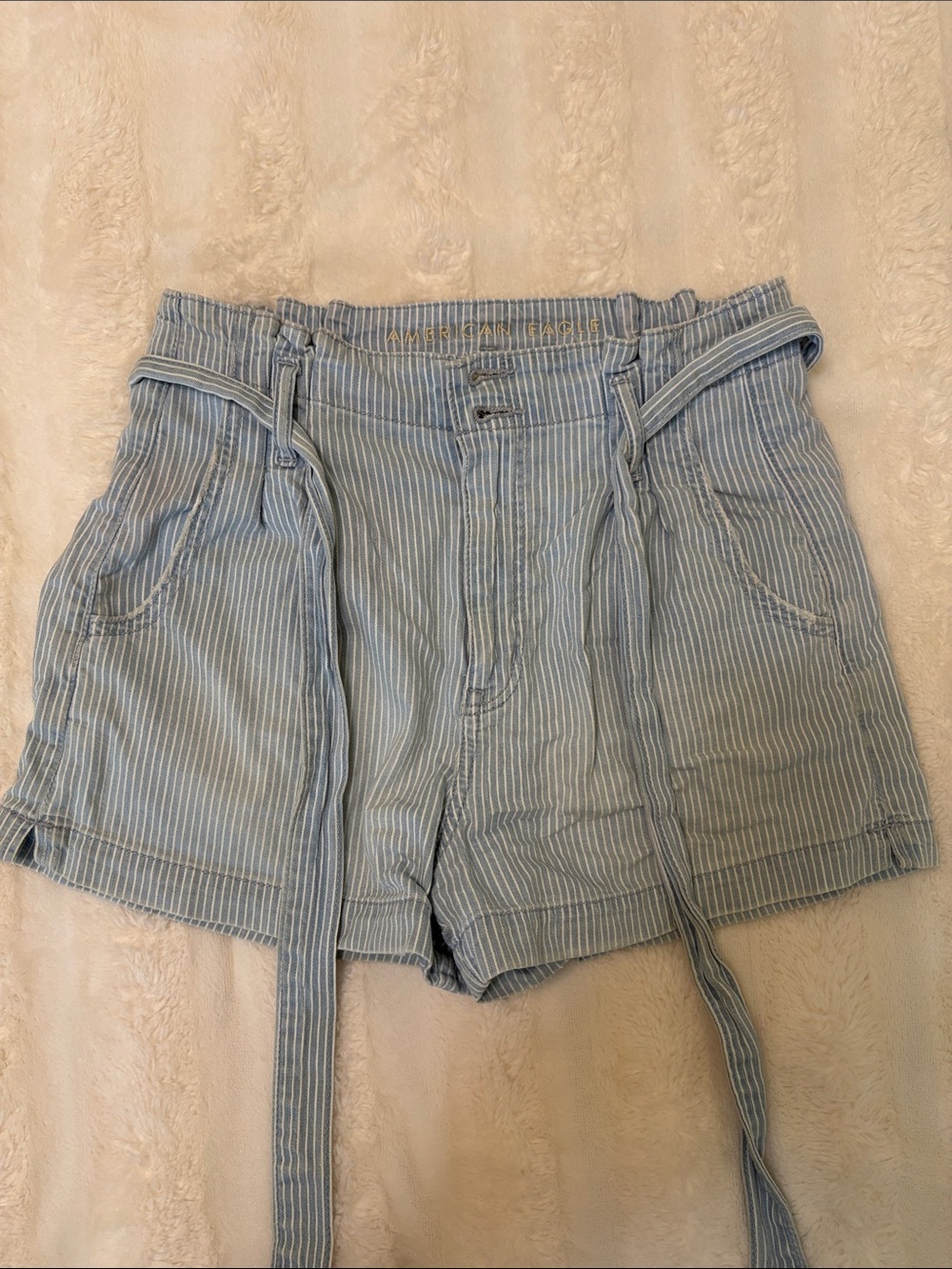 American Eagle Light Blue Striped Women's Shorts with Tie Belt